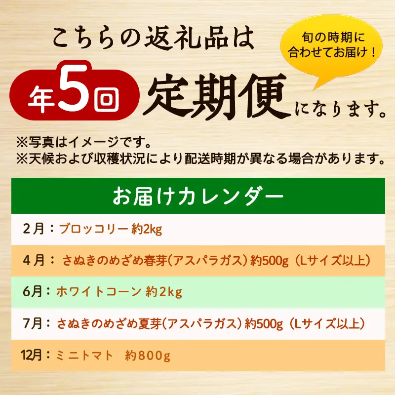 旬のさぬきの野菜定期便（5回） 野菜 定期便 旬 新鮮 食べごろ 季節 ブロッコリー アスパラ アスパラガス 春芽 夏芽 ホワイトコーン  ミニトマト 香川県 東かがわ市