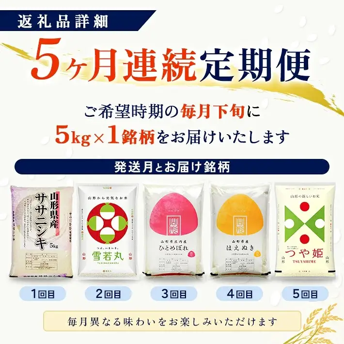 2月～6月) ≪5ヶ月定期便≫ 精米 5銘柄食べ比べセット 各5kg 5ヶ月連続