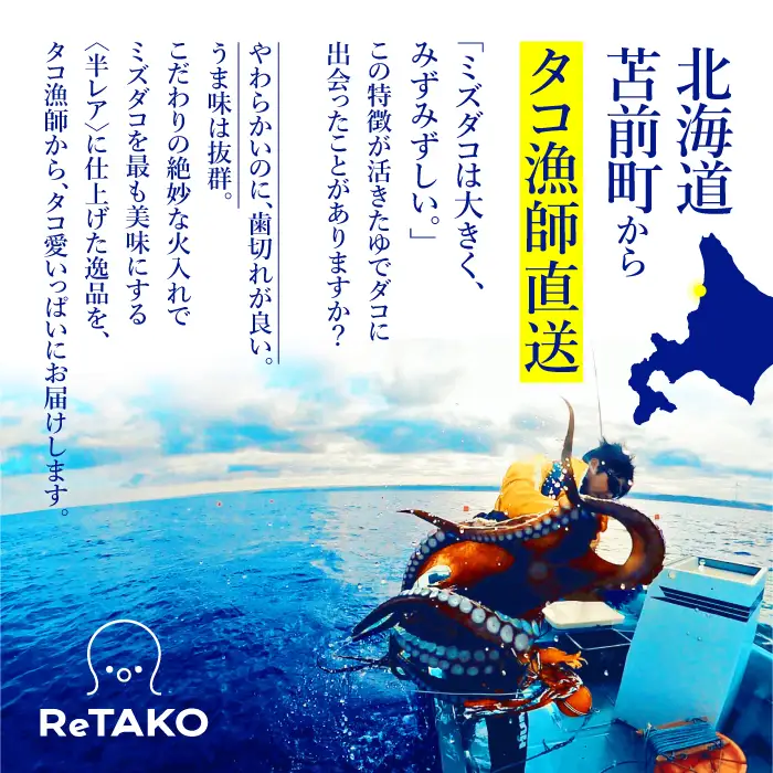 タコ漁師がつくる 至高の半レアゆでダコ 約600g ReTAKO リタコ たこ タコ 足 刺身 苫前町産 肴 茹で ボイル おつまみ 冷凍 北海道 苫前町 とままえ ina01