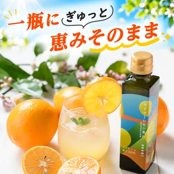 マイヤーレモン果汁 (150ml×2本) 国産 檸檬 果実 果物 フルーツ 柑橘 デザート お菓子作り 常温配送 ドリンク シロップ 果汁 アレンジ レモネード ソーダ割 果汁100％ 【桐野柑橘株式会社】akn070-24