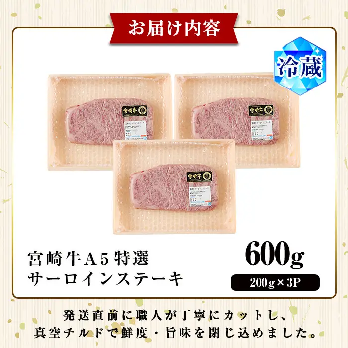 新鮮チルド便 宮崎牛 A5 特選 サーロイン ステーキ(計600g・200g×3P) 和牛 BBQ アウトドア キャンプ 小分け パック 冷蔵 真空パック ブランド牛 ランク パーティー ご褒美 おかず【OT-06】【KNOT合同会社】
