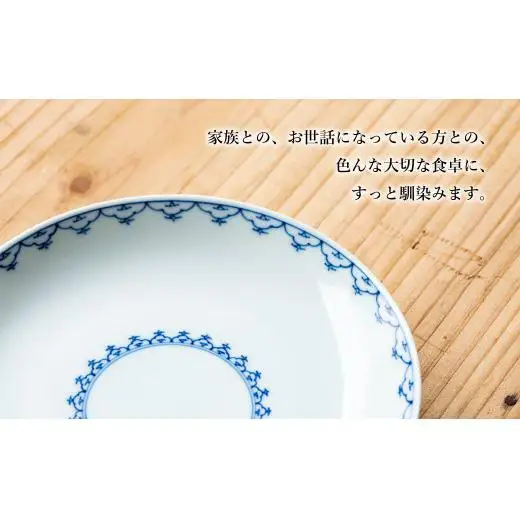 G456p 〈嘉久正窯〉輪宝 茶碗 6寸皿 計4点セット 手描き 染付 飯碗 茶碗 ケーキ皿 パン皿 盛り皿