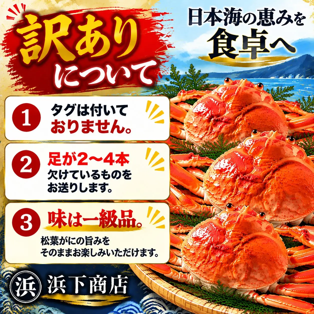 松葉ガニ 訳あり 2枚 3枚 4枚 浜ゆで 家庭用 浜ゆで 蟹 かに 松葉蟹 浜下商店 |55MZ