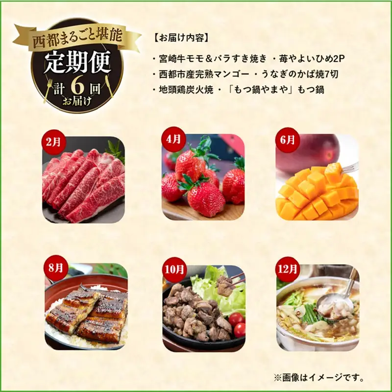 【季節の定期便B】1年間届く 西都まるごと堪能セット6品お届け！【わくわくコース】 宮崎完熟マンゴー 宮崎牛 うなぎ いちご 地鶏 もつ鍋 すき焼き＜1-2a＞