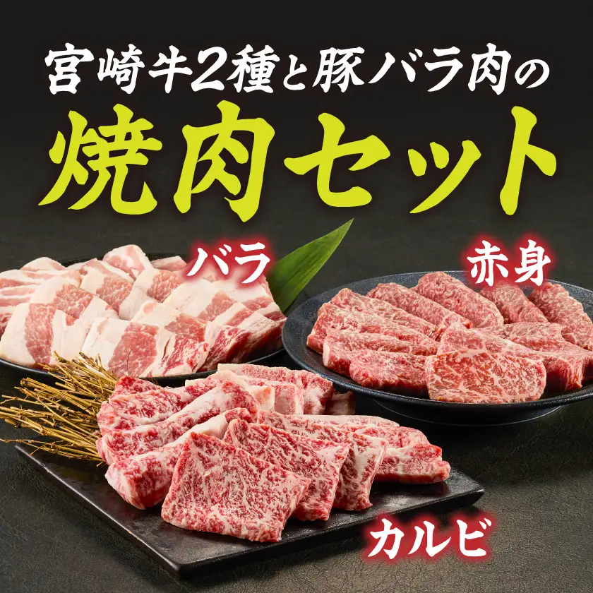 宮崎牛カルビ&赤身&豚バラ焼肉セット1.1kg〔25-022〕_(都城市)
