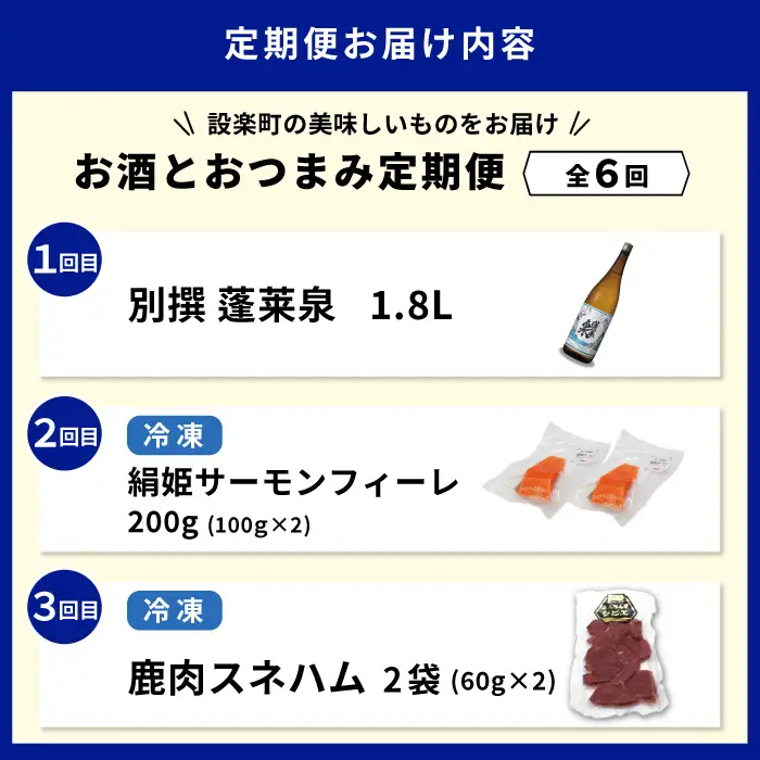 《全6回 定期便》 お酒とおつまみが届く！定期便 日本酒 別撰 蓬莱泉  1.8L 牛刺し サーモン 鰻肝 ジビエ スネハム こんにゃく 酒 お酒 愛知県 設楽町-305