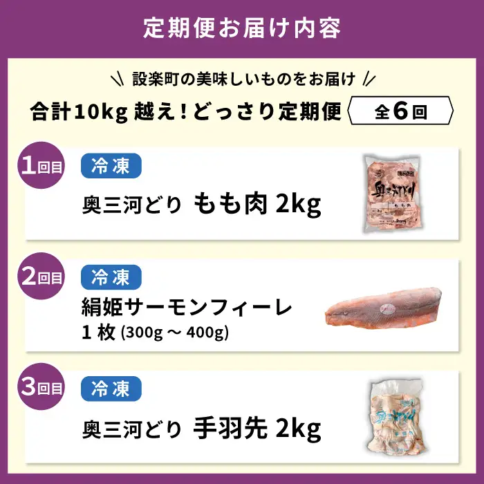 《全6回 定期便》 合計10㎏越え！！どっさり 定期便 もも肉 サーモン 手羽先 むね肉 せせり肉 ホルモンミックス 鶏肉 魚介 大容量 大家族 ストック パーティー 愛知県 設楽町-306