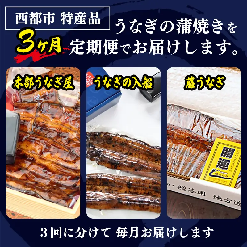 【3ヶ月定期便】（1月～3月お届け）2027年発送 西都市うなぎ名店巡り 入船 本部うなぎ屋 藤うなぎ 国産 蒲焼 かば焼き 鰻 ウナギ＜1-13a＞