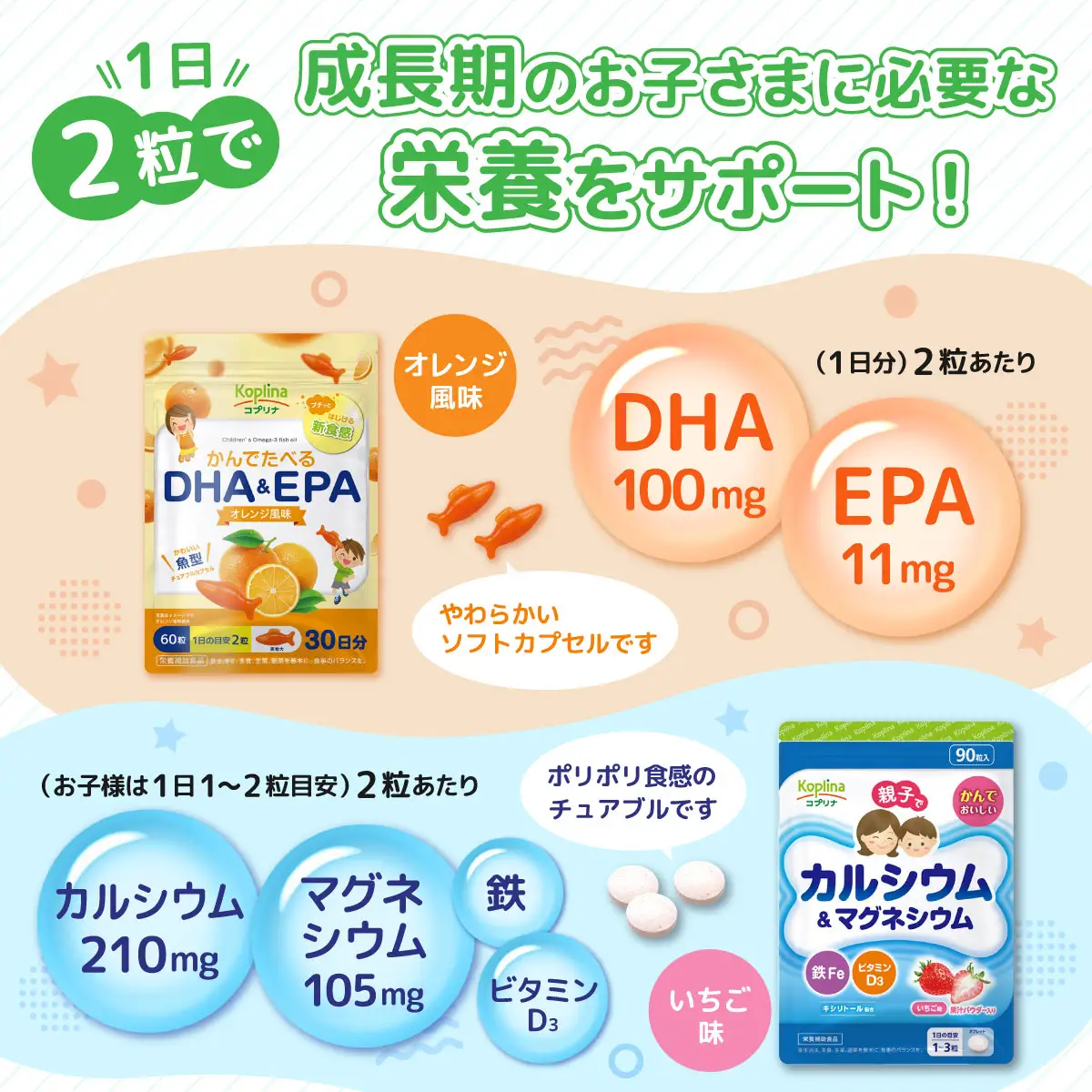 キッズ応援セット（キッズDHAビタミンA・D・E配合、キッズブルーベリー＆ルテイン、かんでたべるDHA＆EPA、親子でカルシウム&マグネシウム各1個） 