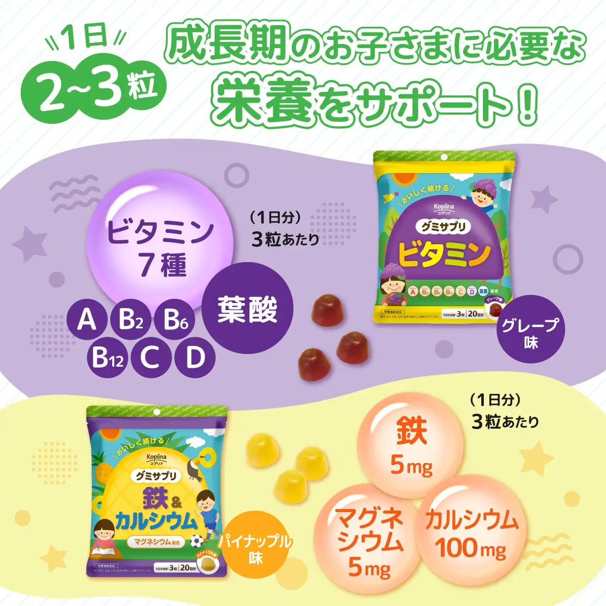 グミサプリ 4種組み合わせ（ビタミン、鉄＆カルシウム、DHA＆ビタミン、ルテイン各1袋）
