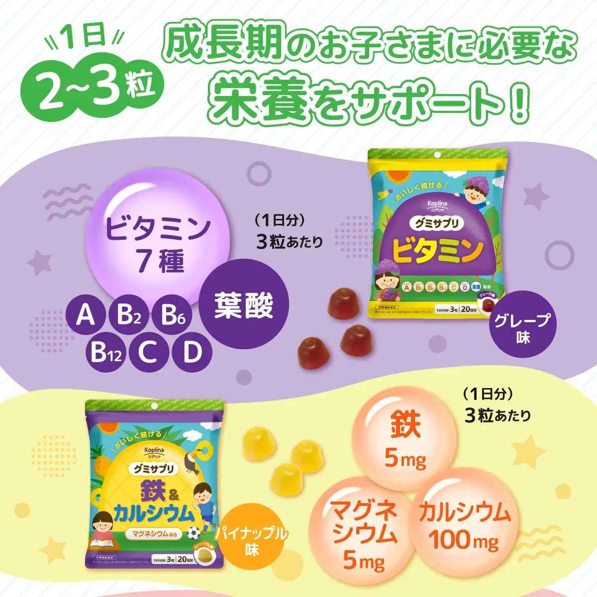 グミサプリ 5種組み合わせ（ビタミン、鉄＆カルシウム、DHA＆ビタミン、ビタミンC、ルテイン各1袋）