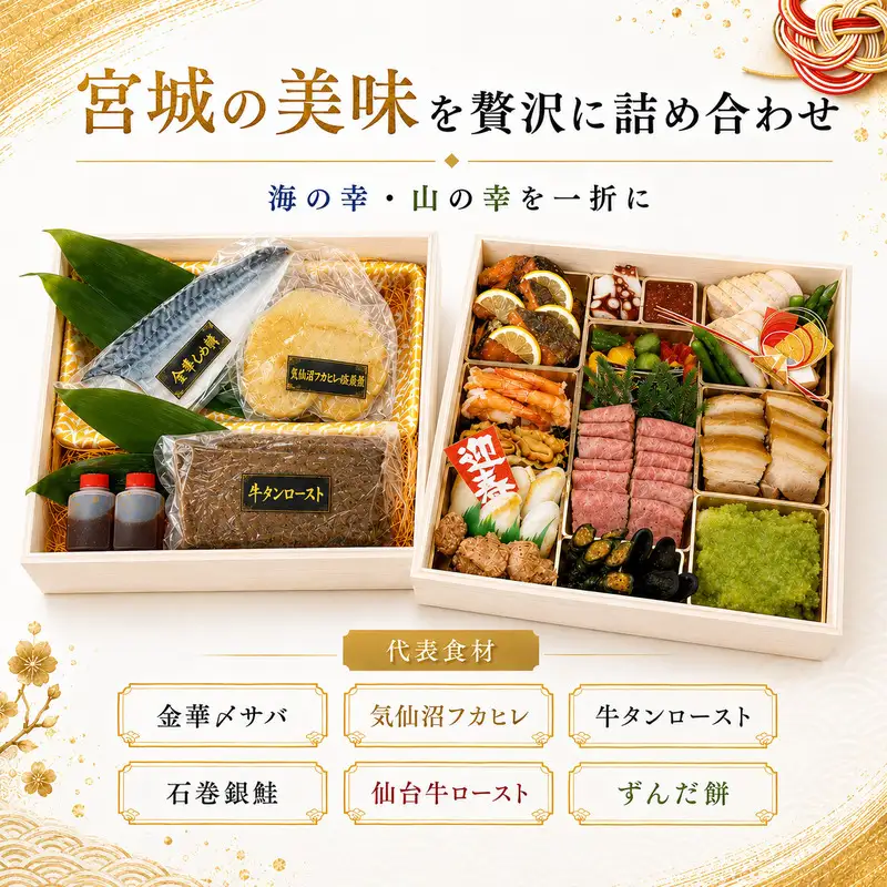 宮城厳選おせち おせち料理 豪華 高級食材 牛タン ロースト 仙台牛 気仙沼 フカヒレ 金華サバ 〆サバ 石巻 銀鮭 お節 御節 正月 お正月 新春 年越し 予約 お取り寄せ グルメ ご馳走 贅沢 冷凍 宮城県