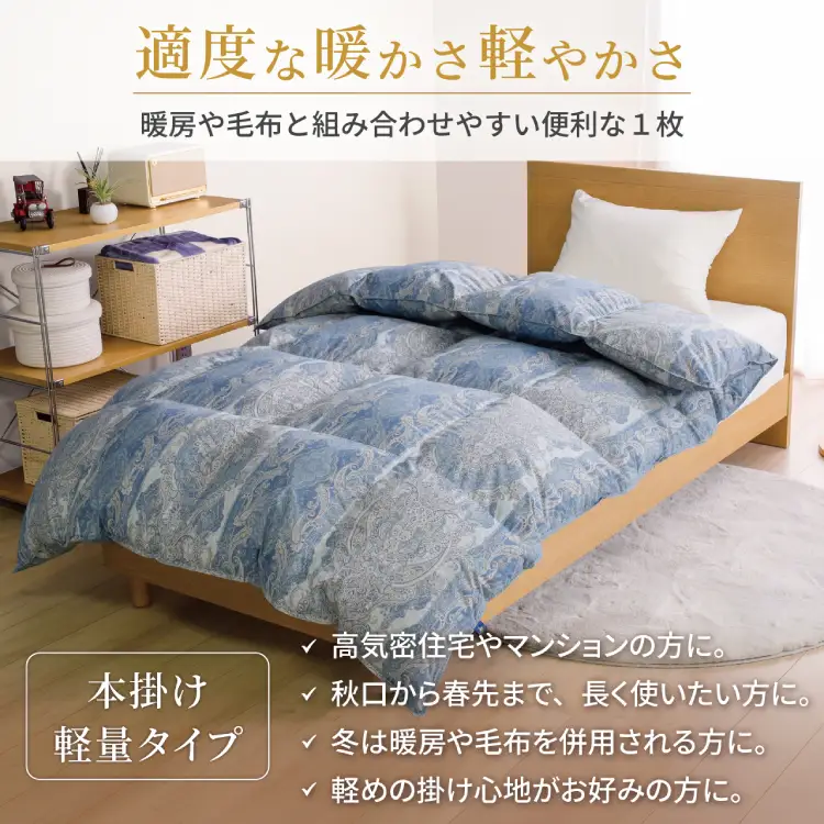 羽毛布団 本掛け 軽量 シングル 1.0kg ホワイトダックダウン93% 冬用 ブルー