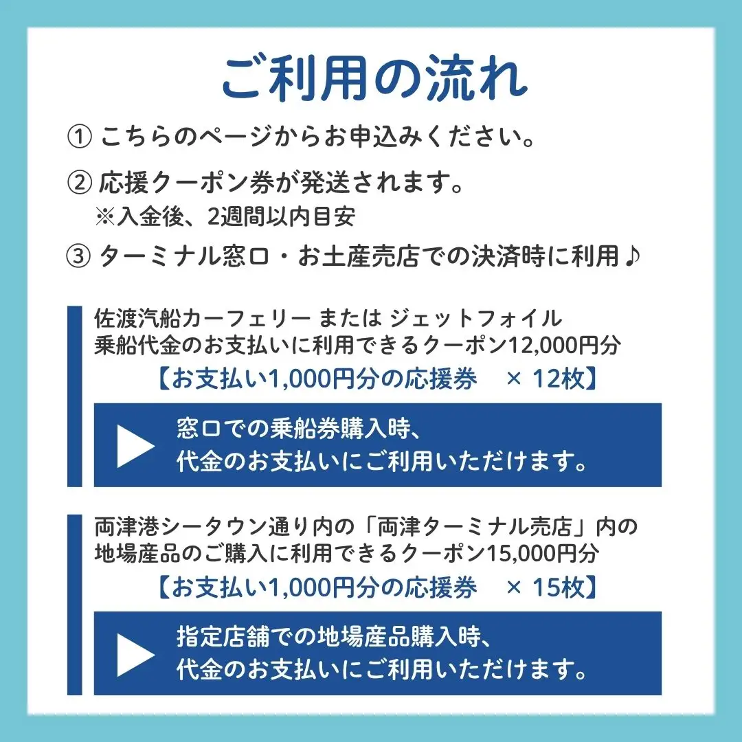 佐渡島船旅＆産品購入応援クーポン券 27,000円分 | 佐渡汽船
