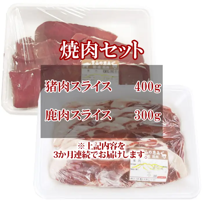 ＜定期便(毎月)全3回＞ジビエ 焼肉セット (猪肉400g、鹿肉スライス300g)【山香アグリ】 猪 鹿 スライス 焼肉 食べ比べ 九州 大分県＜145-801＞