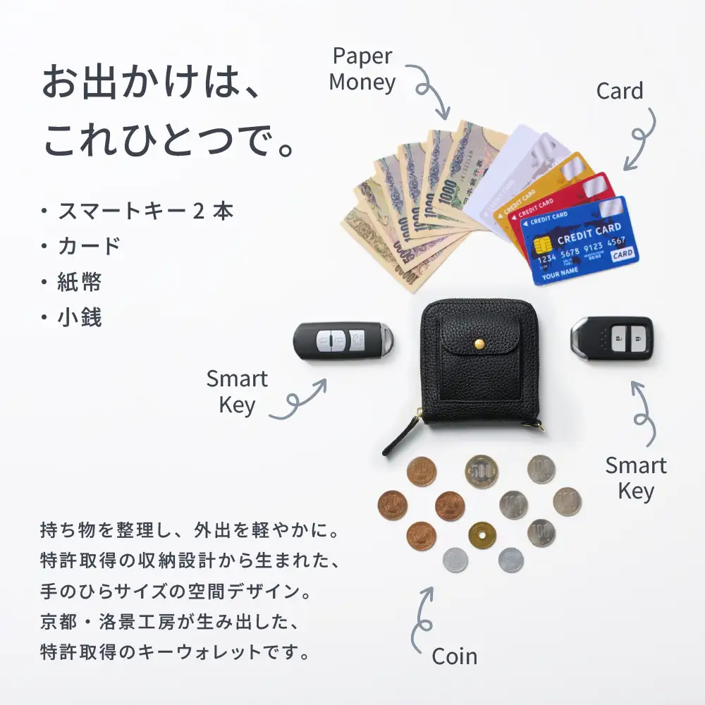 【京都市ふるさと納税】SMART MOVE!〈type2〉Alley Black｜路地入ル（ブラック）｜姫路産国産牛革 スマートキー2個収納 財布一体型キーケース ミニ財布 小銭入れ メンズ レディース ギフト［洛景工房］