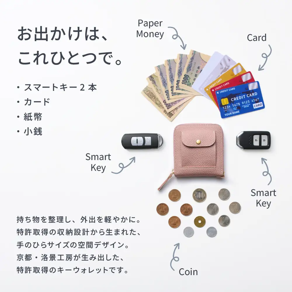 【京都市ふるさと納税】SMART MOVE!〈type2〉Sakura Grace｜ふわり春衣（くすみピンク）｜京都 ウォレット 人気ブランド［ 京都 財布 本革 スマートキー2個収納 財布一体型キーケース ウォレット 職人が一つ一つ手作り 収納力 コンパクト 人気 おすすめ かわいい ギフト プレゼント お取り寄せ 通販 送料無料 ふるさと納税 ］