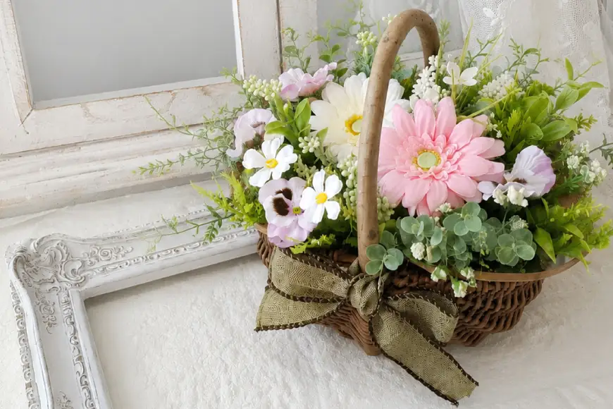 フラワーアレンジメント 花かごの寄せ植え(パンジー) 1点