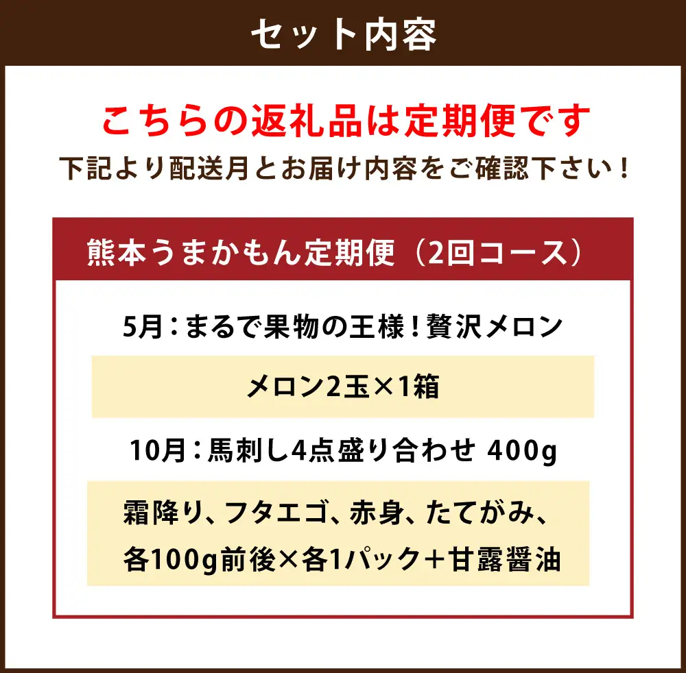 [ 定期月指定2回 ] 目利きが厳選 熊本うまかもん定期便 （ 2回コース ） メロン 果物 フルーツ 馬刺し 馬肉 お肉 ロース 赤身 フタエゴ タテガミ 果実 果汁 果肉 醤油付き 詰め合わせ 食べ比べ おかず おつまみ 定期配送