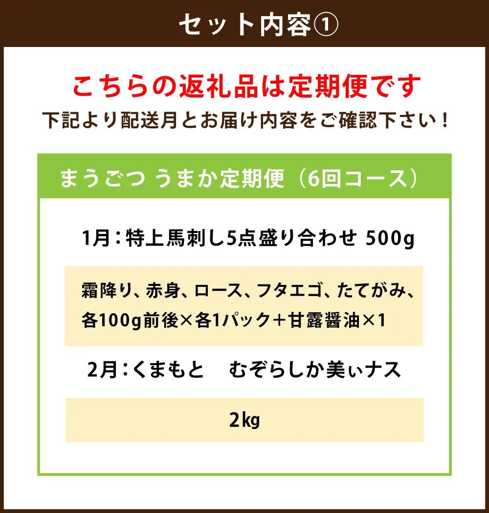 [ 定期月指定6回 ] 目利きが厳選 まうごつ うまか定期便 （ 6回コース ） 馬刺し 馬肉 お肉 ナス トマト あか牛 メロン 牛肉 野菜 果物 フルーツ アールスメロン ロース 赤身 フタエゴ タテガミ 霜降り モモ肉 牛丼 ステーキ 詰め合わせ 食べ比べ おかず おつまみ 定期配送 冷凍