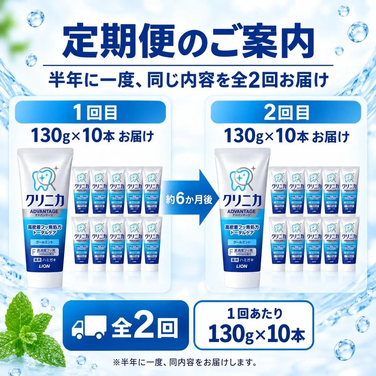 【定期便 半年に一度お届け】ライオン クリニカ アドバンテージ ハミガキ クールミント 130g×10本[ LION 日用品 歯磨き粉 歯磨き オーラルケア 口腔ケア ]