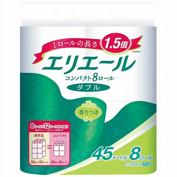 0009-10-03 エリエール トイレットティシュー コンパクトダブル 8ロール×2パック 16ロール　1.5倍巻 45m トイレットペーパー ダブル パルプ100％ 香りつき 日用品 消耗品 備蓄