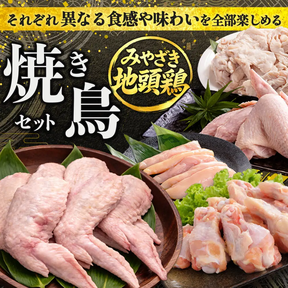 みやざき地頭鶏 焼き鳥 セット 約1.9kg 5種各1P 計5P 冷凍｜鶏肉 地鶏 じどり 宮崎産 鶏皮 ササミ 皮 大手羽 手羽先 手羽元 精肉 やきとり チキン じとっこ 真空パック セット 食べ比べ 興洋開発株式会社 宮崎県 諸塚村 KY-48