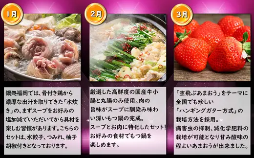【3回届く！（水炊き・もつ鍋・あまおう）】福岡名物定期便★福岡を代表する人気鍋とあまおうを楽しむ3回定期便[H7044]