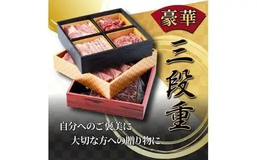 《2026年11月発送》宮崎牛旨さ!!牛ぎゅ～詰め三段重 合計690g 赤身モモ肉ステーキ、霜降り肩ローススライス、焼肉4種食べ比べ_K033-048-11