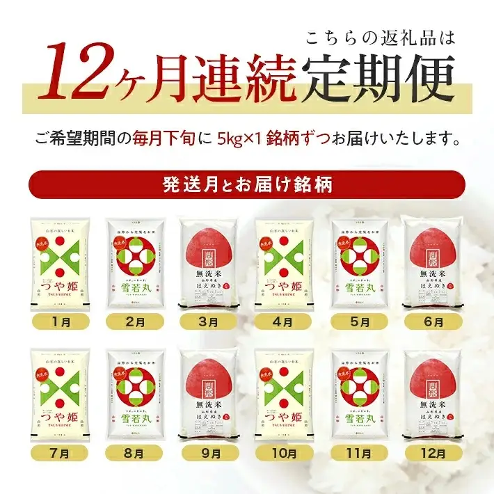（2月～1月）≪12ヶ月定期便≫ 無洗米 3銘柄定期便 5kg×12ヶ月連続 計60kg つや姫 雪若丸 はえぬき 山形県産 毎月下旬にお届け 東北 山形県 遊佐町 庄内地方 精米 白米 連続定期便 小分け [1531T02]