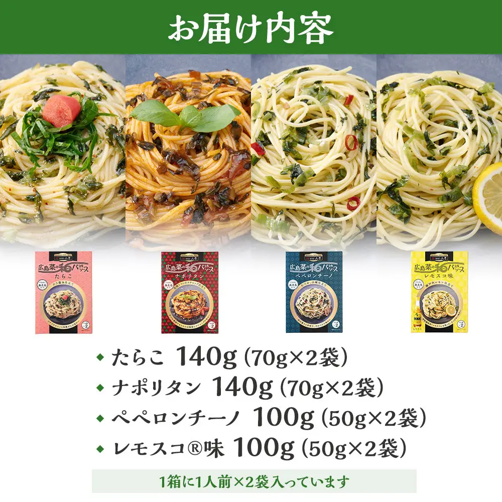 【山豊】広島菜の和パスタソース 4種×各1個　計4個（たらこ、ナポリタン、ペペロンチーノ、レモスコ®味）