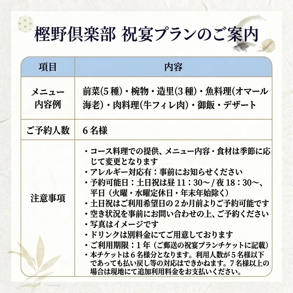 樫野倶楽部 祝宴プラン 6名様