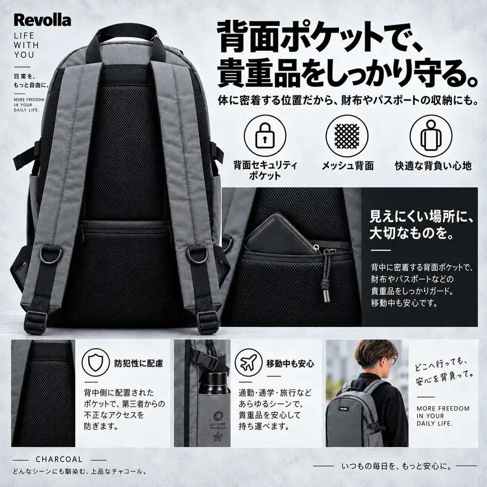 【チャコールグレー】お悩み解決リュック Plus 23リットル REVOLLA