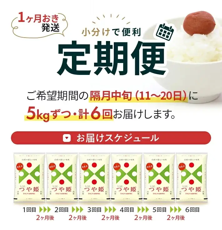 (11月～隔月6回) ≪隔月6回定期便≫ 無洗米 つや姫 5kg×6回 計30kg 山形県産 隔月で中旬頃にお届け 東北 山形県 遊佐町 庄内地方 精米 白米 [1815T11]