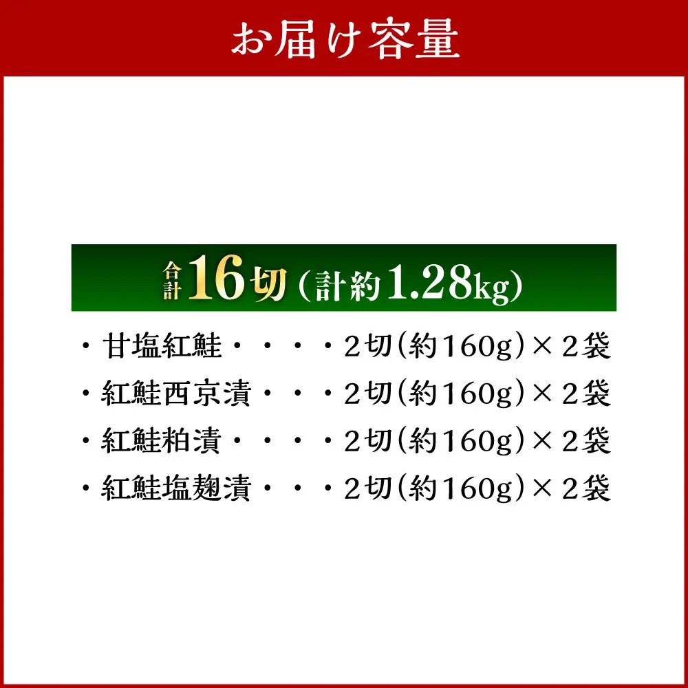 天然紅鮭 4種味くらべセット 計16切 （ 甘塩 ・ 西京漬け ・ 粕漬け ・ 塩麹漬け 各2切 × 2袋 ） 個包装 紅鮭 鮭 さけ サケ シャケ 天然 魚 魚類 魚介 魚介類 酒粕 塩麹 切り身 個包装 真空パック おかず お惣菜 惣菜 おつまみ 酒の肴 食べ比べ 詰め合わせ 冷凍
