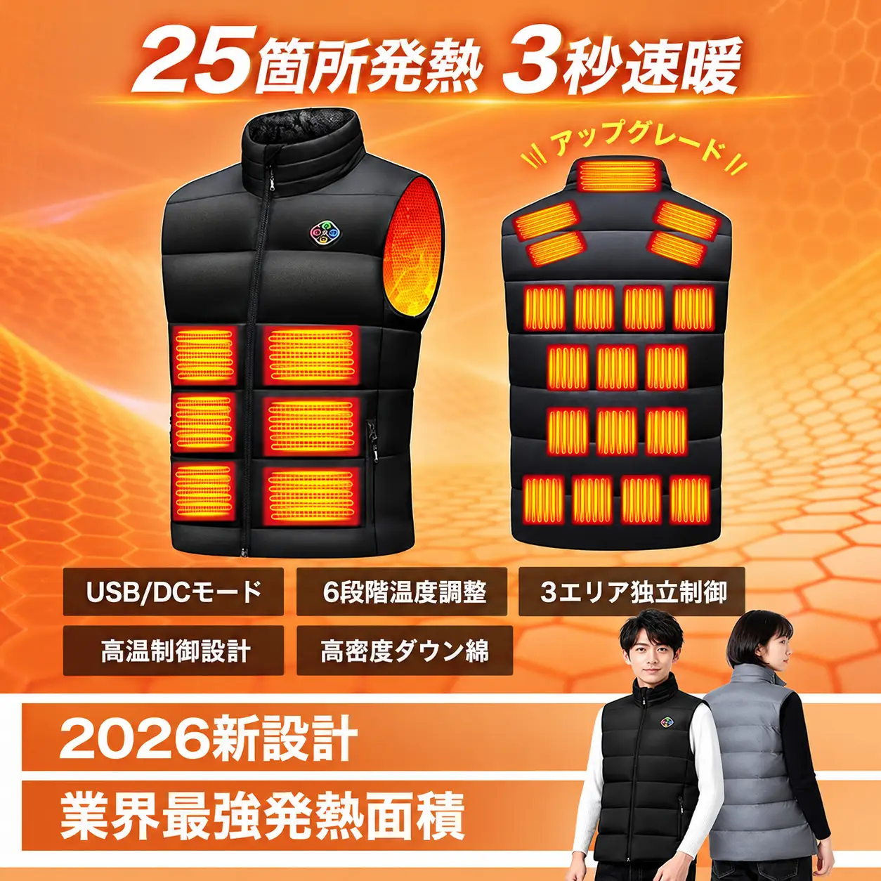 電熱ベスト 加熱ベスト ブラック XXLサイズ　25箇所全面発熱  6段階温度調整 USB DC給電 7.4V
