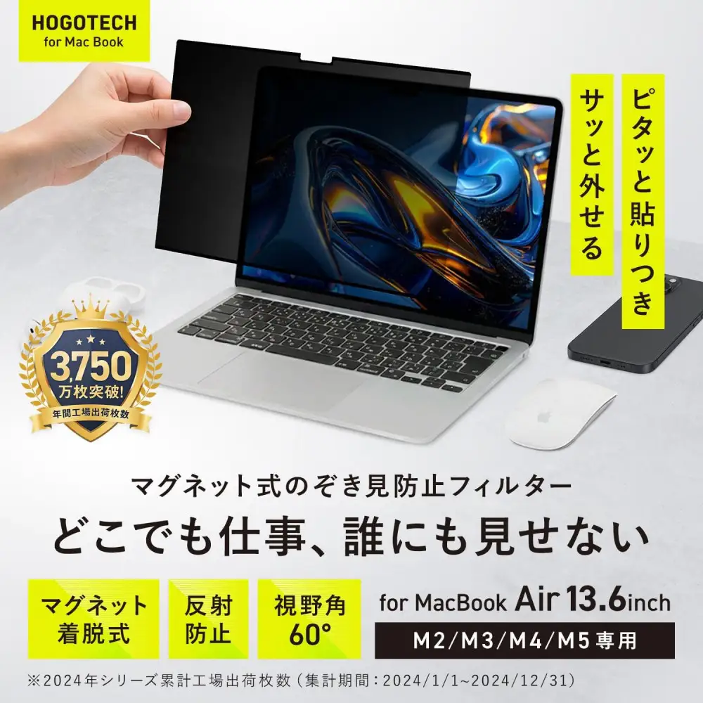 【堺市企画】Macbook 覗き見防止フィルター マグネット式 ブルーライトカット Air13inch M2～M5 HOGOTECH