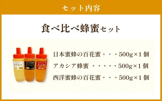 食べ比べ蜂蜜セット ( 日本蜜蜂の百花蜜、 西洋蜜蜂百花蜜、 アカシア蜂蜜 ) 純粋はちみつ 国産 詰め合わせ 希少 ハニー 【 2027年1月上旬まで発送予定 】