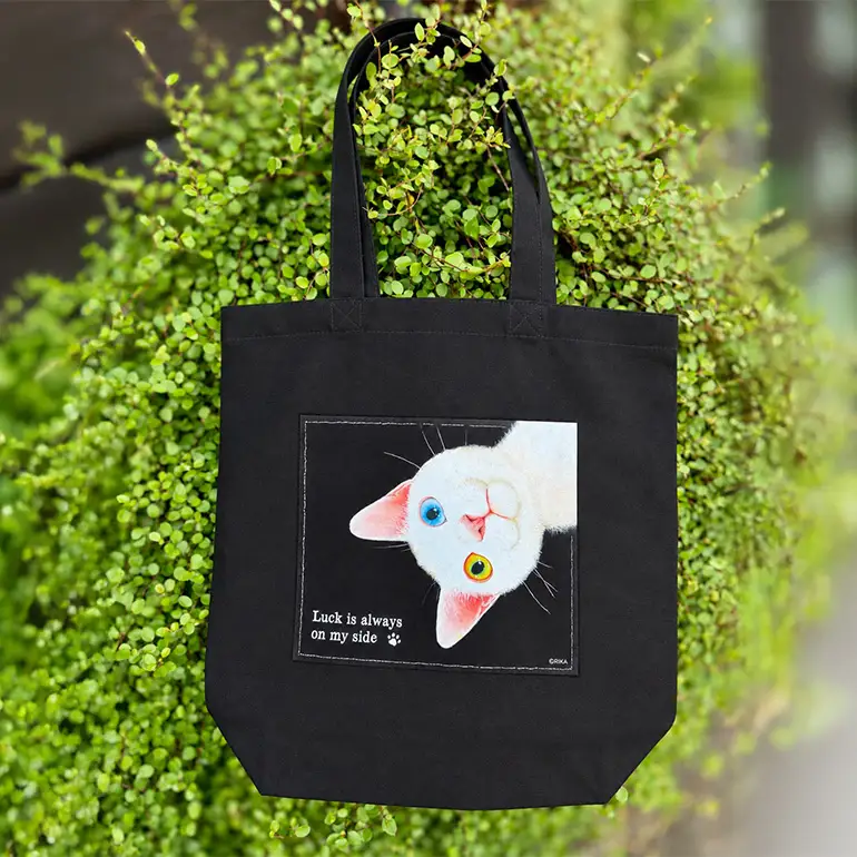 猫トートバッグ RIKA 愛猫 オッドアイ オリジナルイラストプレゼント ギフト カーキ ブラック かわいい 可愛い オシャレ おしゃれ お祝い 誕生日 ねこ ネコ 雑貨 ３６E