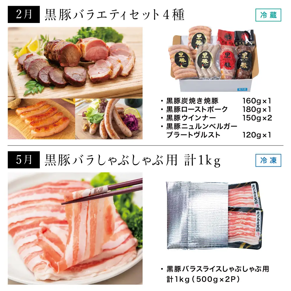【定期便】コワダヤの黒豚食べ比べ 全4回 （しゃぶしゃぶ・ハム・ソーセージ・焼豚） 豚肉 バラ ロース 焼き豚 ウインナー 惣菜 鹿児島