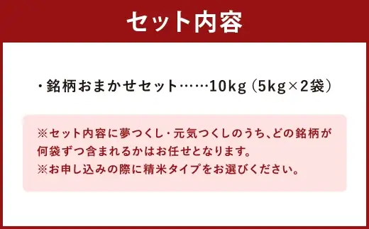 銘柄おまかセット 10kg （ 5kg × 2袋 ） 無洗米 夢つくし 元気つくし お米 米 こめ コメ 白飯 飯 ご飯 おにぎり 国産 福岡県産