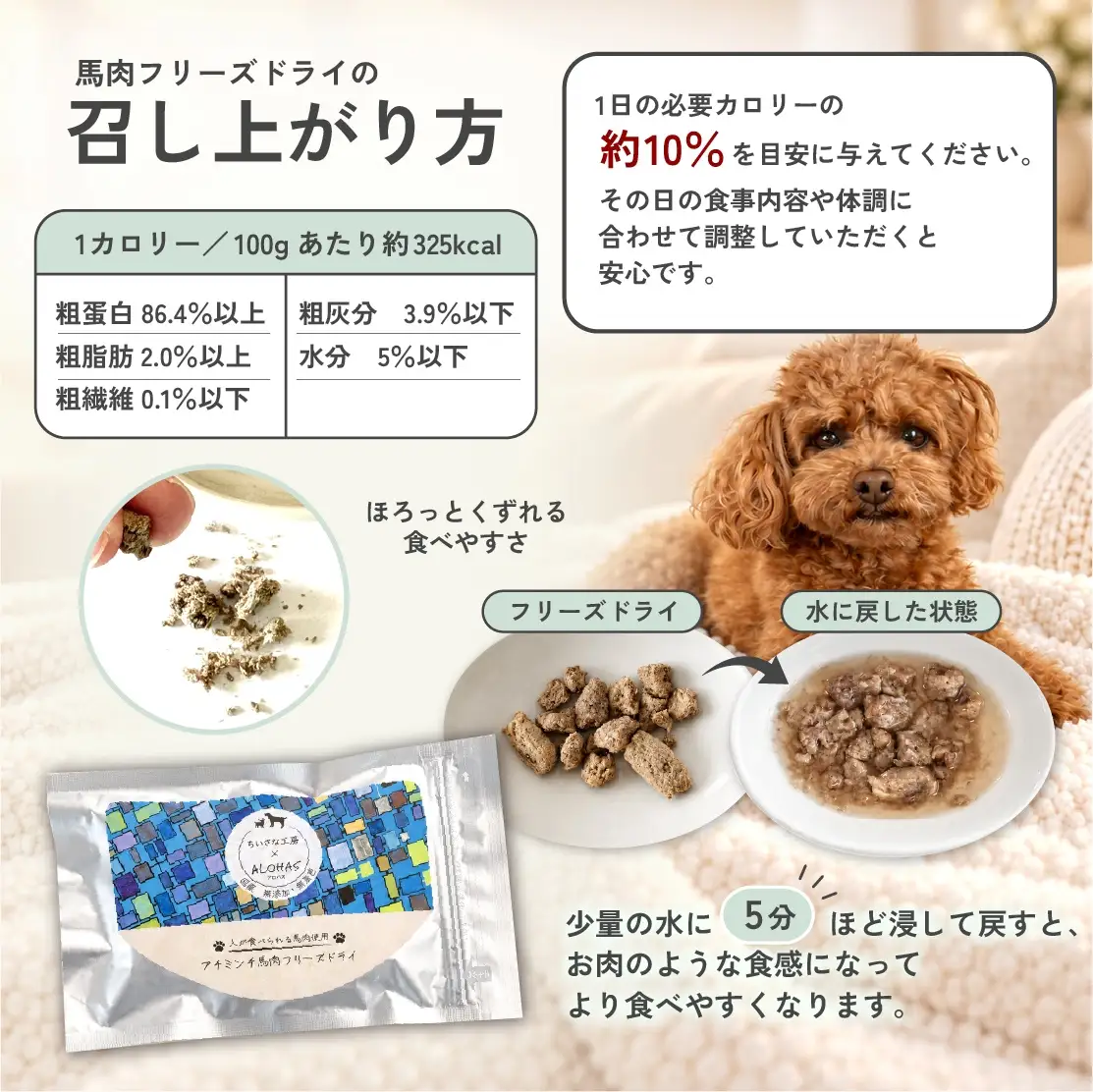プチミンチ馬肉フリーズドライ犬用おやつ（馬肉100％） / フリーズドライ ペットフード 岡山県 真庭産 犬 馬肉100％ 手作り 無添加 無着色 ペット おやつ 国産 防災食 【arhs001-01】