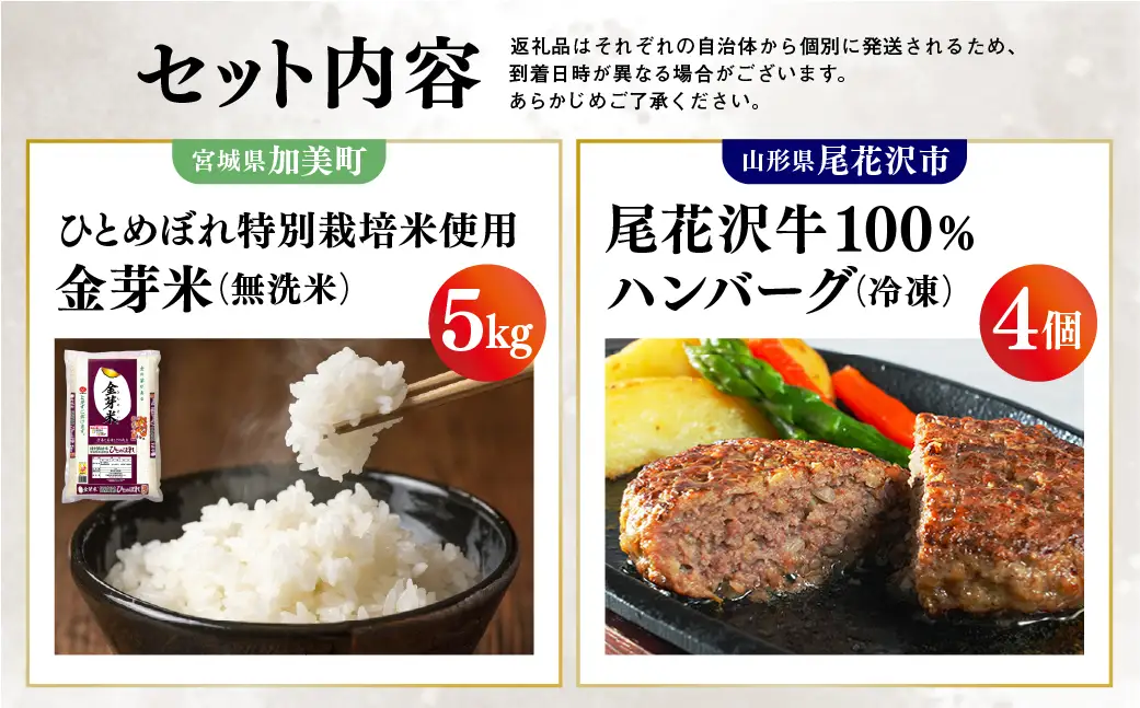 【加美×尾花沢 ルート347コラボA】栄養と旨みの金芽米5kg×極上の旨み尾花沢牛100％ハンバーグ 4個入(簡易包装)