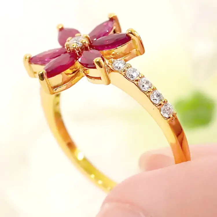 指輪 K18YG イエローゴールド ルビー マーキス フラワー ダイヤモンド 0.17ct レディース 5～16号 花 カラーストーン 誕生石 ジュエリー 【 f301-ru-k18yg 】