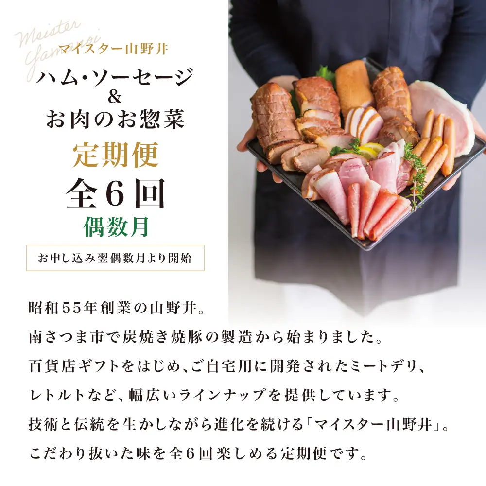 ［定期便 全6回／偶数月発送］ハム・ソーセージ＆お肉のお惣菜 定期便 ハンバーグ 焼豚 セット 〈マイスター山野井〉 
