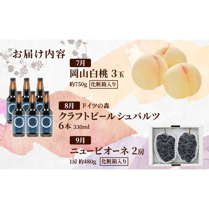 定期便 2027年 先行予約 ドイツの森の人気商品と岡山の人気果物 堪能 5回コース 桃 白桃 ビール ぶどう ピオーネ シャインマスカット ドイツの森 ソーセージ 赤磐市