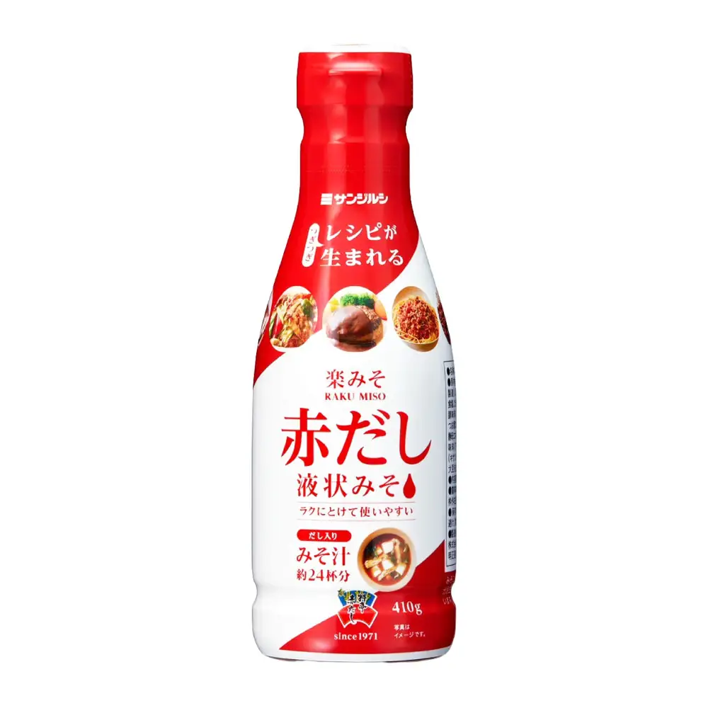 サンジルシ 楽みそ赤だし液状みそ 410g × 12本セット 味噌 みそ ミソ 米みそ 豆みそ 合わせみそ 液状タイプ 液状 調味料 簡単調理 時短 かつおだし みそ汁 みそ料理 和食