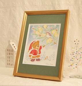 フレーム入り版画「くまさんのクリスマス」　絵本作家おまたたかこジークレー版画