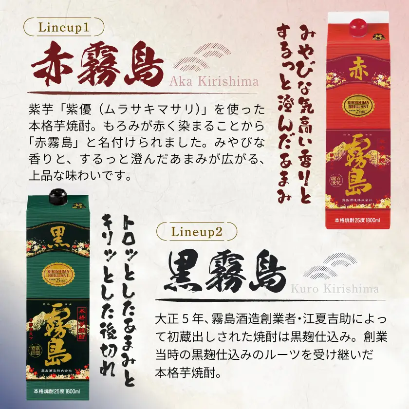 赤霧島・黒霧島パック(25度)1.8L×4本〔24-38-001〕_（都城市） 本格芋焼酎 お酒 アルコール 25度 飲み比べ 紙パック 霧島酒造