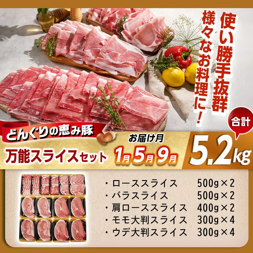 「どんぐりの恵み豚」お肉満載定期便(5ヶ月)〔T60(5)-1102〕_(都城市) 万能スライスセット バラエティセット こま切れセット しゃぶしゃぶセットなど 冷凍 豚肉の定期便 とんかつ スライス しゃぶしゃぶなど